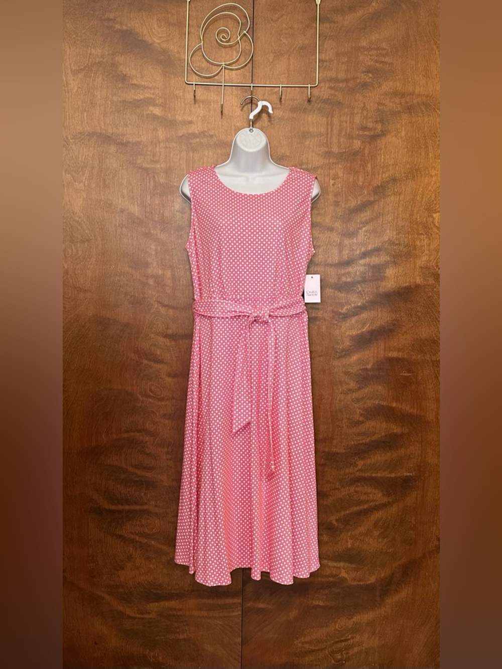 Croft & Barrow Sleeveless Belted Midi Dress Womens L Pink & White Geometric Knit